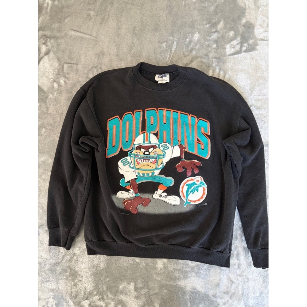 Vintage 1996 Miami Dolphins Taz Sweatshirt Csa Looney Tunes NFL Men XL Black USA